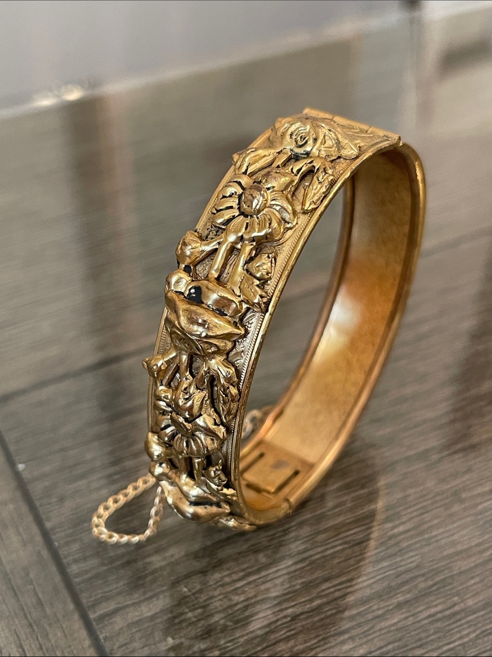 Antique Victorian Style Brass Repoussé Hinged Bangle Bracelet with Safety Chain